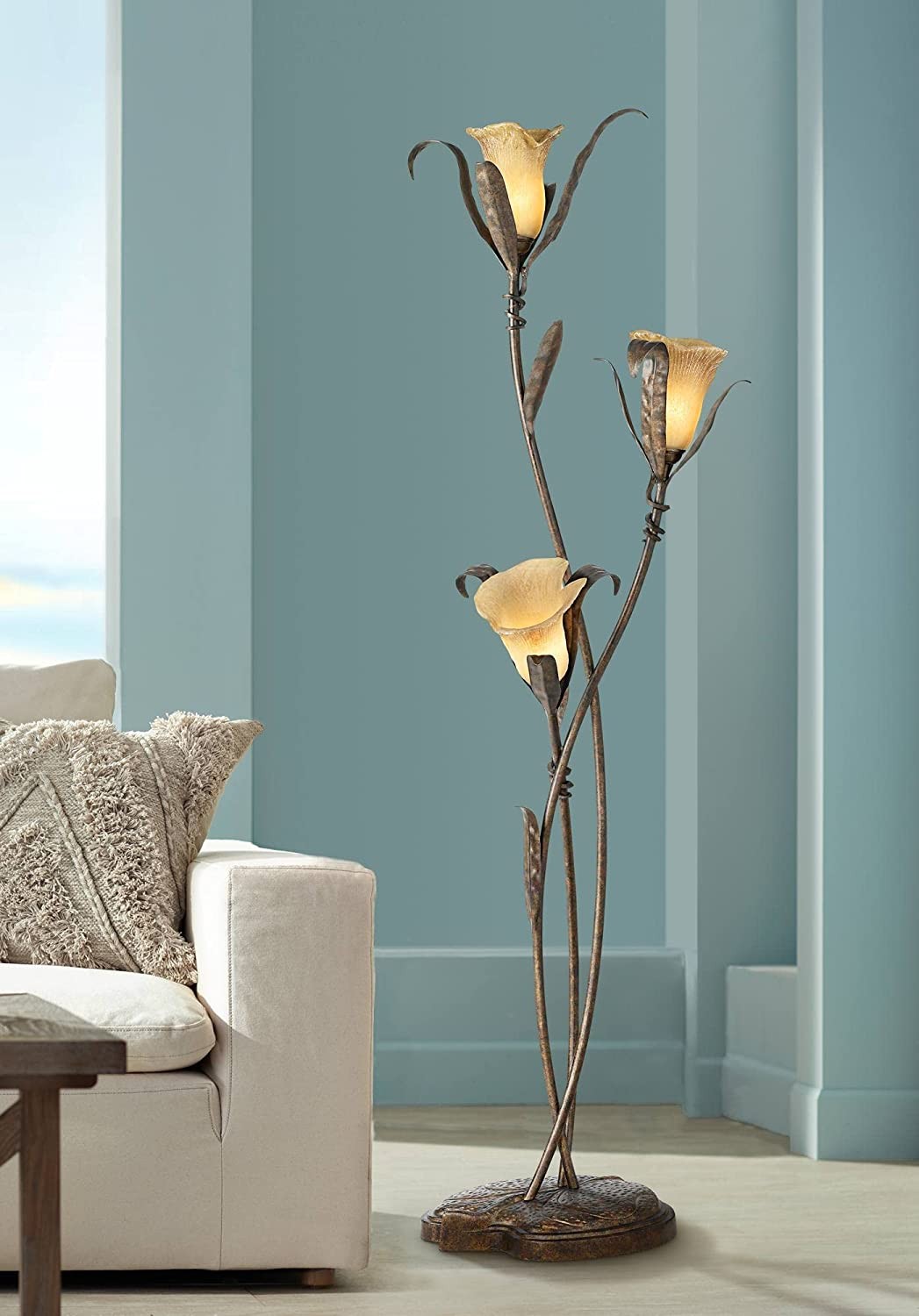 Country Farmhouse Sculpture Flower Floor Lamp Standing 3 Lamps 68" Tall Bronze Gold Metallic Amber Glass Interwoven Lily Shade for Living Room Reading Room Bedroom Home