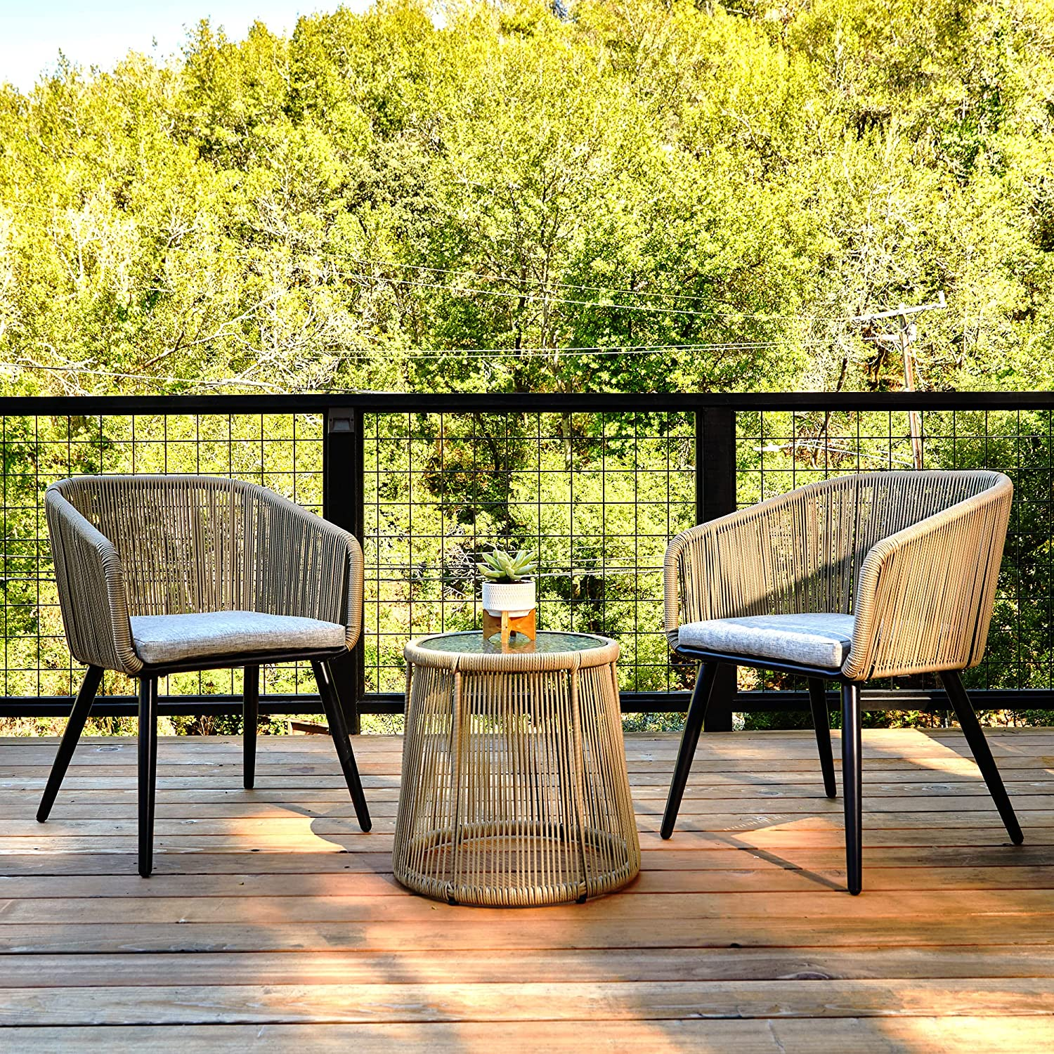 EAST OAK Patio Furniture Set 3 Piece, Outdoor Conversation Set Handwoven Rattan Wicker Chair with Waterproof Cushion, Tempered Glass Top Coffee Table, Porch Bistro Set for Backyard, Garden and Deck