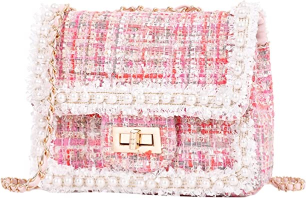 Qiayime Purse and Handbags for Women Fashion Tweed Pearl Top Handle Satchel Shoulder Tote bead chain Crossbody Clutch Bag